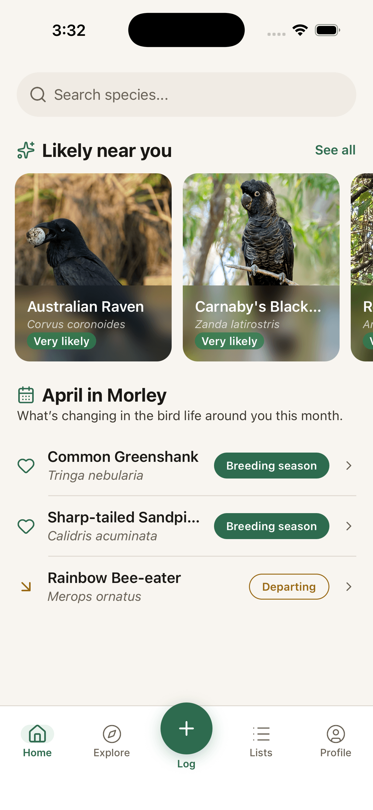 BirdUp Australia home screen showing nearby species with probability scores and a seasonal briefing